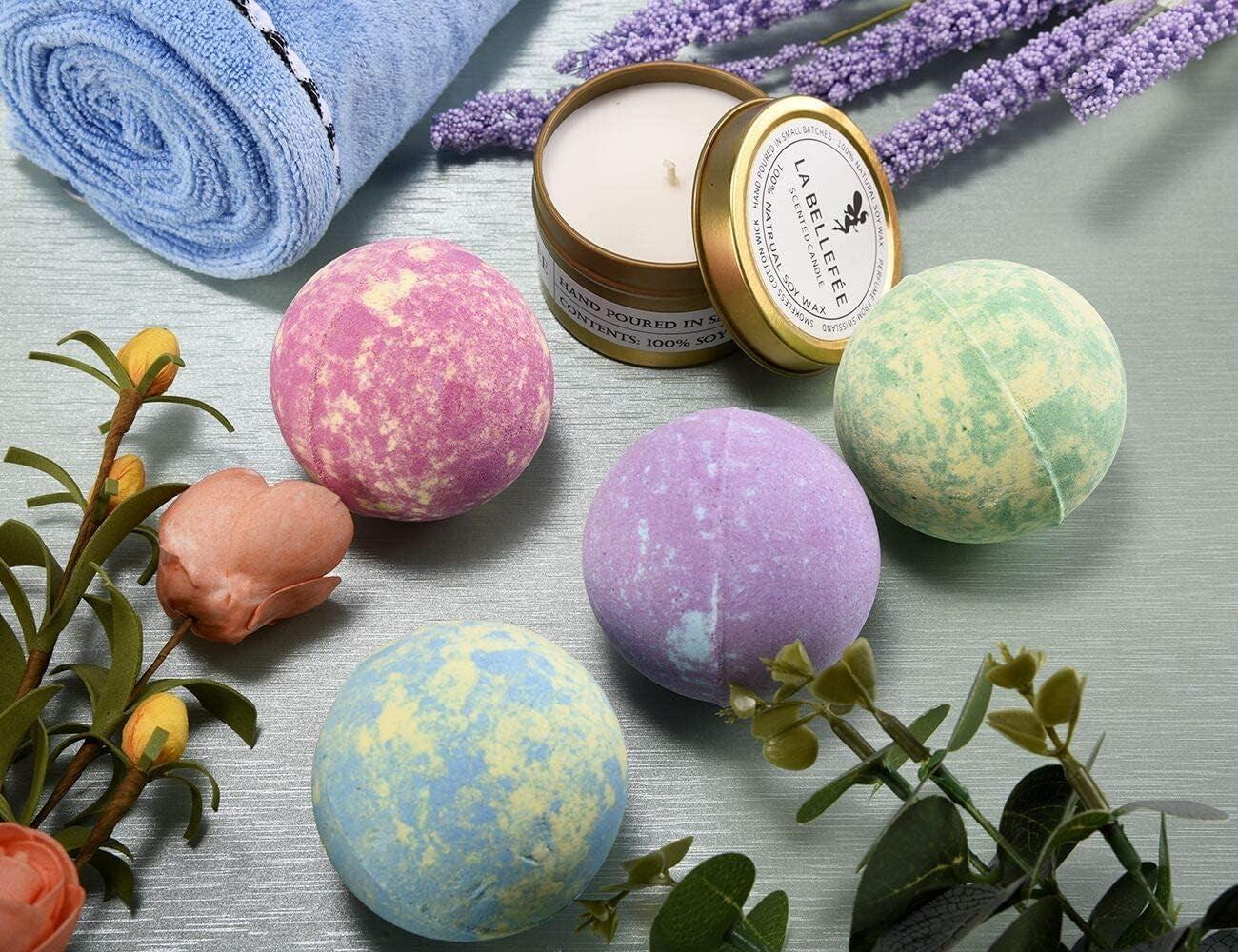 Bath Bombs Gift Set, Perfect for Bubble & Spa Bath to Moisturize Dry Skin. Christmas Birthday Gift Ideas for Women, Lovers, Friends, Girlfriend(4 X 4.1 Oz Bath Bombs & 2 X Scented Candles)
